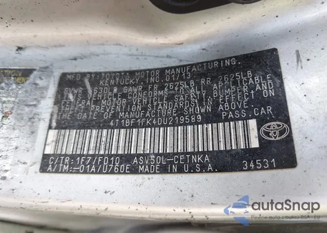 2013 Toyota Camry Le from USA, damaged, VIN 4T1BF1FK4DU219589